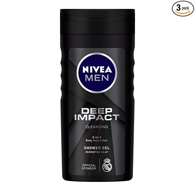 NIVEA Men Body Wash, Deep Impact, 3 in 1 Shower Gel for Body, Face & Hair, with Microfine Clay, 250 ml