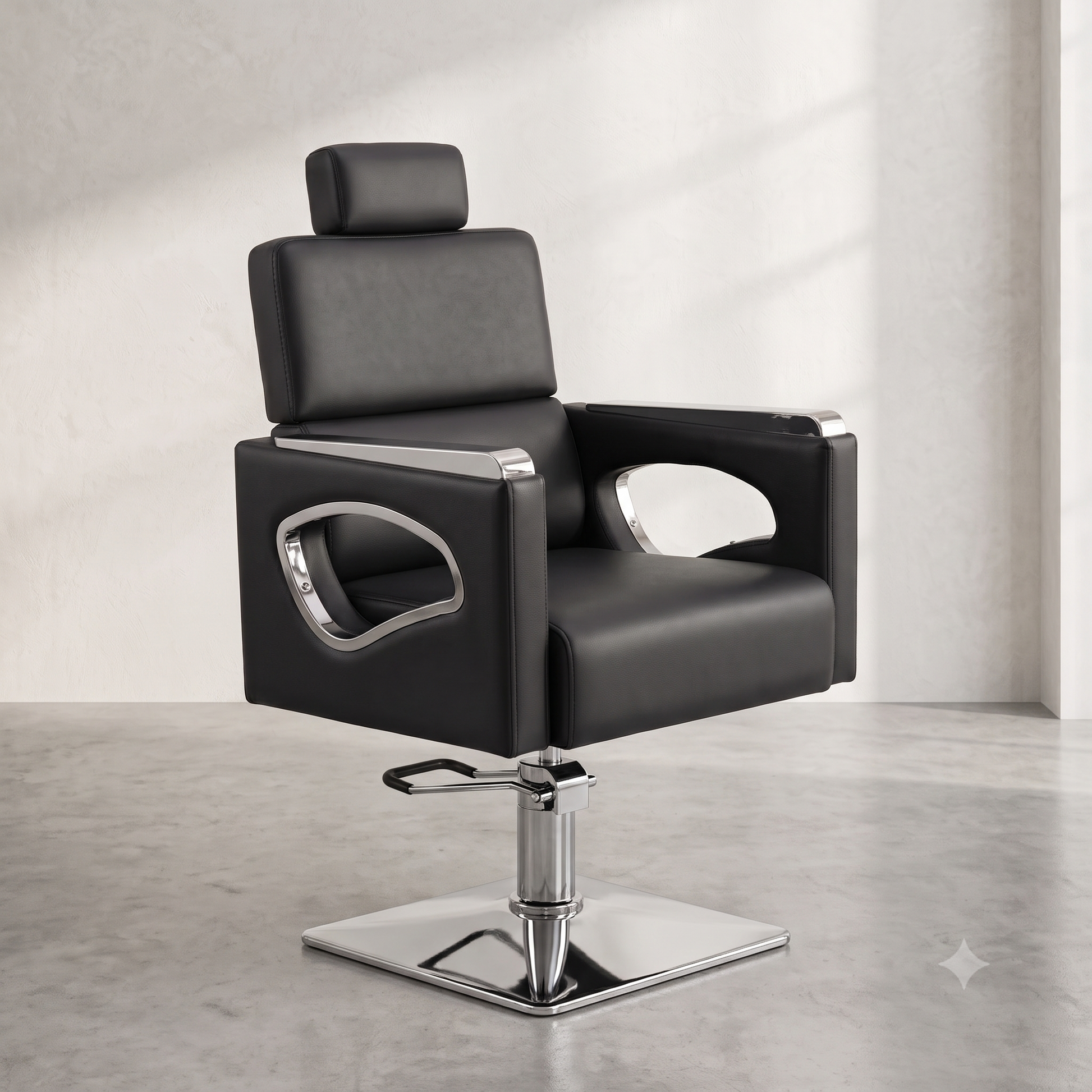 A modern black barber-style salon chair with a headrest, chrome arm accents, and a polished metal hydraulic base, photographed in a minimalist interior with a light wall and gray floor.