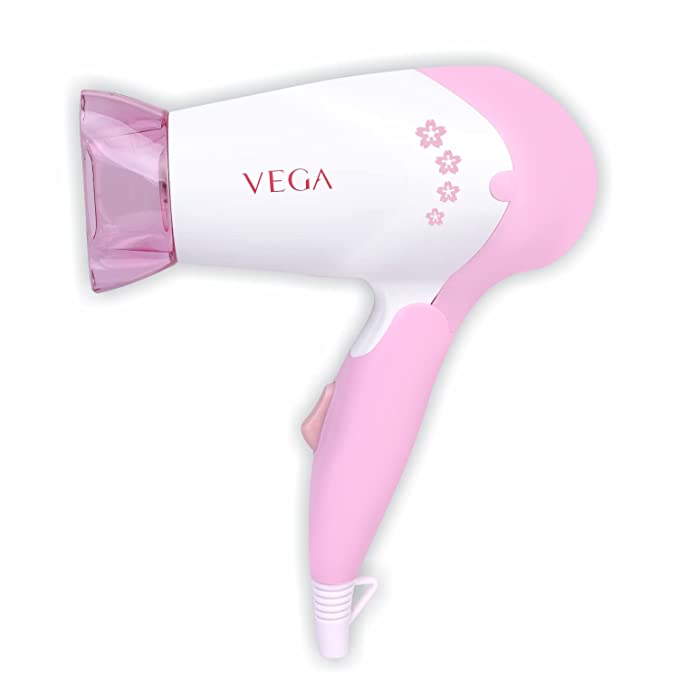 VEGA Insta Glam Foldable 1000 Watts Hair Dryer With 2 Heat & Speed Settings, VHDH-20, White & Pink (Made In India)